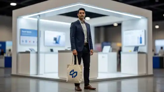 A business professional stands inside a brightly lit event booth holding a simple canvas tote bag. The background features display structures and branding elements that are softly blurred for focus.