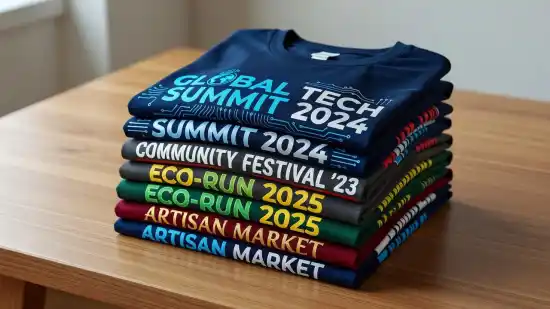 A pile of neatly folded event shirts rests on a smooth wooden table. Each garment displays a vibrant, crisp screen-printed graphic that demonstrates superior ink quality and professional textile finishing.