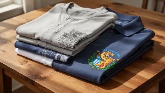 A pile of cotton t-shirts and polo shirts rests on a rustic wooden table. The fabric displays a contrast between soft, integrated ink designs and thick, opaque screen-printed logos on top.