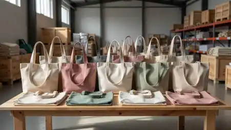 Several durable canvas and cotton tote bags sit neatly arranged on a rustic wooden table. The bright warehouse backdrop highlights the various fabric textures and clean designs of these quality carryalls.