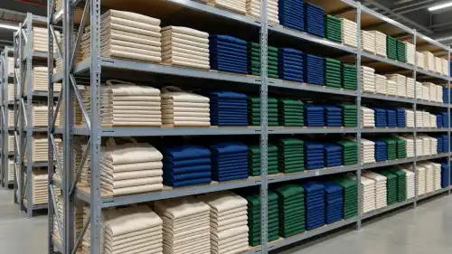 Neatly stacked cotton and canvas tote bags rest on heavy-duty industrial shelving units. The warehouse displays a professional inventory system with bright overhead lighting illuminating the uniform textile textures throughout.