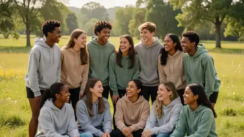 A diverse group of happy teenagers gathers outdoors during a sunny church retreat. They are wearing matching comfortable hoodies that foster a sense of unity and belonging among the youthful attendees.