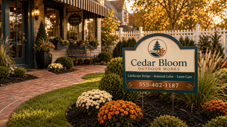 Custom Landscaping Lawn Sign displayed in a professionally landscaped garden bed outside an upscale boutique storefront during golden hour.