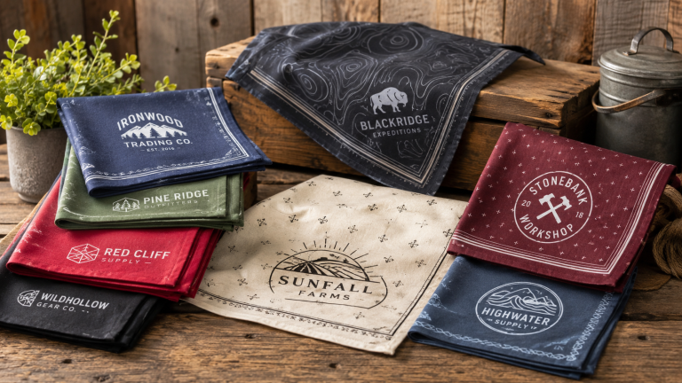 Custom printed logo bandanas displayed on a rustic wooden table in multiple colors.