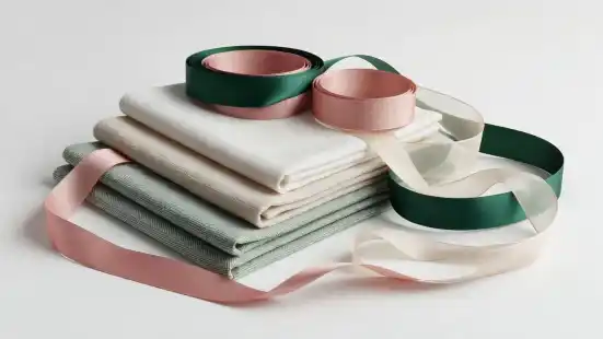Folded cotton fabric swatches and gift ribbons arranged on a white surface.