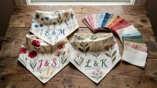 Custom floral wedding bandanas and color swatches on a wooden table.