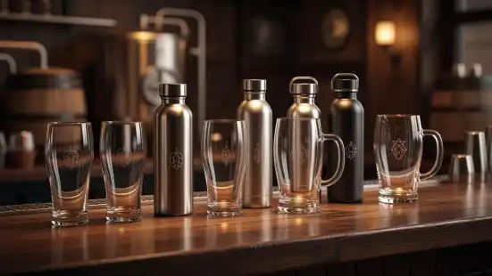 An assortment of heavy-bottomed beer steins, classic pint glasses, and polished stainless steel travel bottles sit neatly aligned on a polished bar top. A softly blurred brewery interior glows in the background.