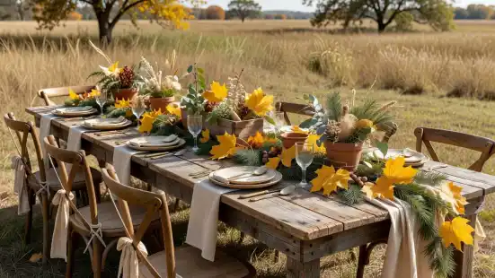 An outdoor rustic wedding table decorated with seasonal greenery and neutral linen fabric.