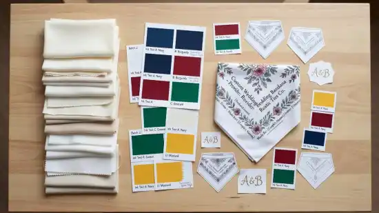Colorful ink prints and cotton swatches arranged on a wooden table.