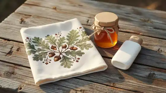 A patterned bandana, honey jar, and sunscreen bottle on a weathered wooden table.
