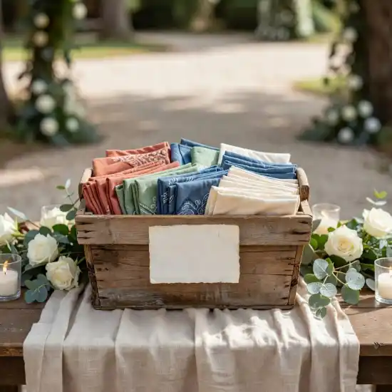 A rustic wooden basket of folded bandanas and a small sign on a wedding table.