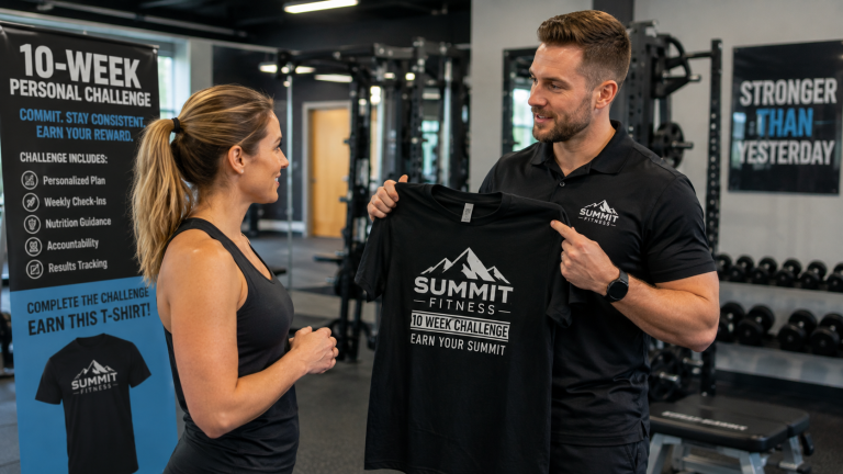 Personal trainer showing a custom printed gym T-shirt to a member while explaining a 10-week personal challenge rewards program.