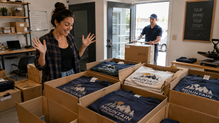 Happy business owner opening boxes filled with a large delivery of custom printed T-shirts.