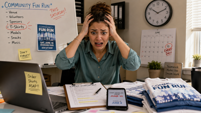 Stressed event planner holding her head at a desk while urgently trying to order custom T-shirts for an upcoming community event.