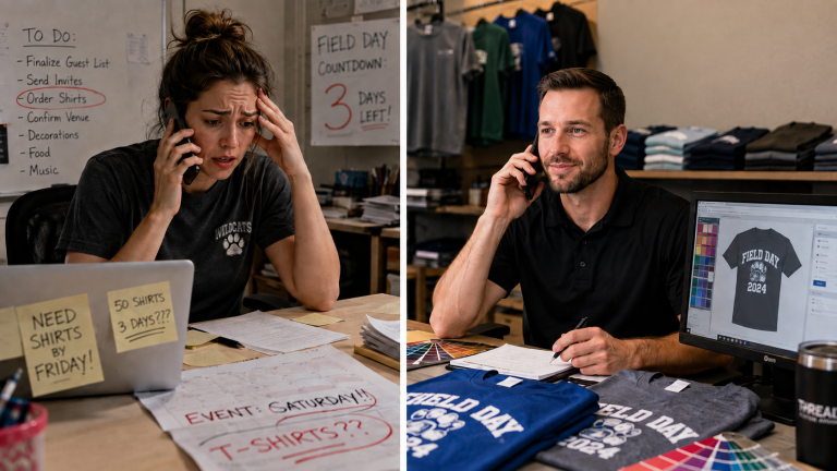Panicked customer calling about an urgent custom t-shirt order while a calm and empathetic apparel representative helps from a professional t-shirt shop.