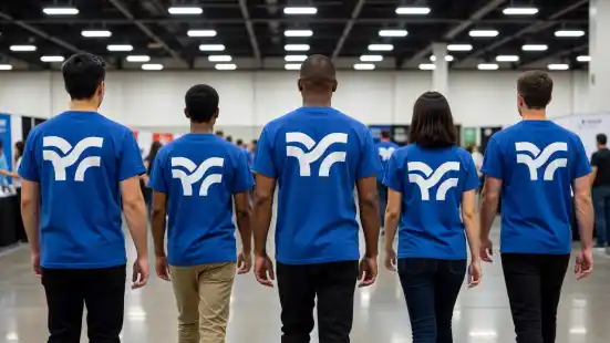 Five volunteers in blue shirts walk toward a booth in a bright convention hall.