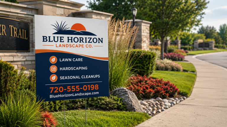 Blue and orange custom yard sign promoting Blue Horizon Landscape Company at a landscaped neighborhood entrance.