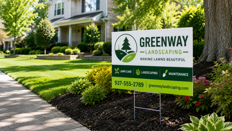 Custom yard sign promoting Greenway Landscaping in a professionally maintained suburban front yard.