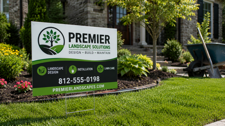 Custom yard sign promoting Premier Landscape Solutions beside a freshly landscaped residential lawn.