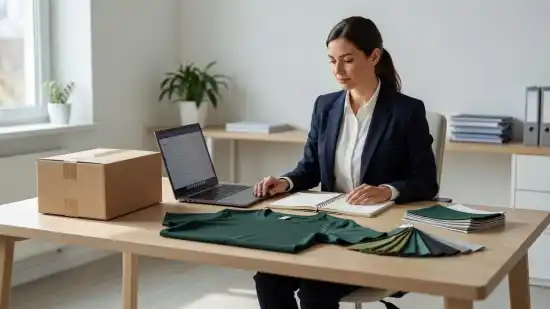 Coordinator planning an event order with a laptop, T-shirt, swatches, notebook, and shipping box.