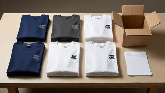 Six folded shirts sorted by size beside an open shipping carton.