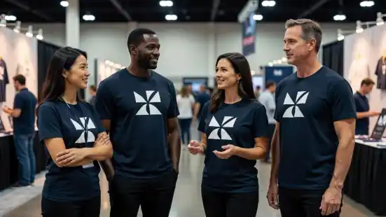 Four staff members wear matching navy shirts at a bright trade show booth.