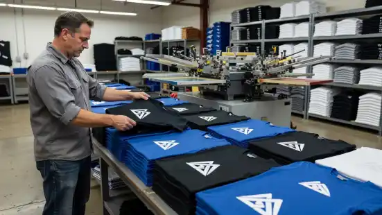 Worker inspecting black and blue printed shirts beside a screen-printing press.