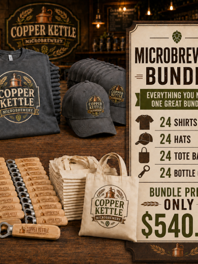 Microbrewery Custom Merch Bundle – 24 Shirts, 24 Hats, 24 Totes & 24 Bottle Openers