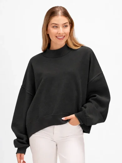 Women's Black heavyweight mockneck sweatshirt by Boxercraft featuring a relaxed oversized fit, ribbed collar, and drop shoulders.