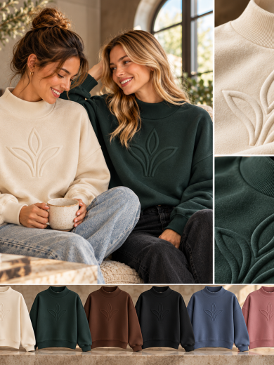 Two women wearing custom embossed and debossed mockneck sweatshirts in cream and forest green, featuring raised tonal logos and premium heavyweight fabric.